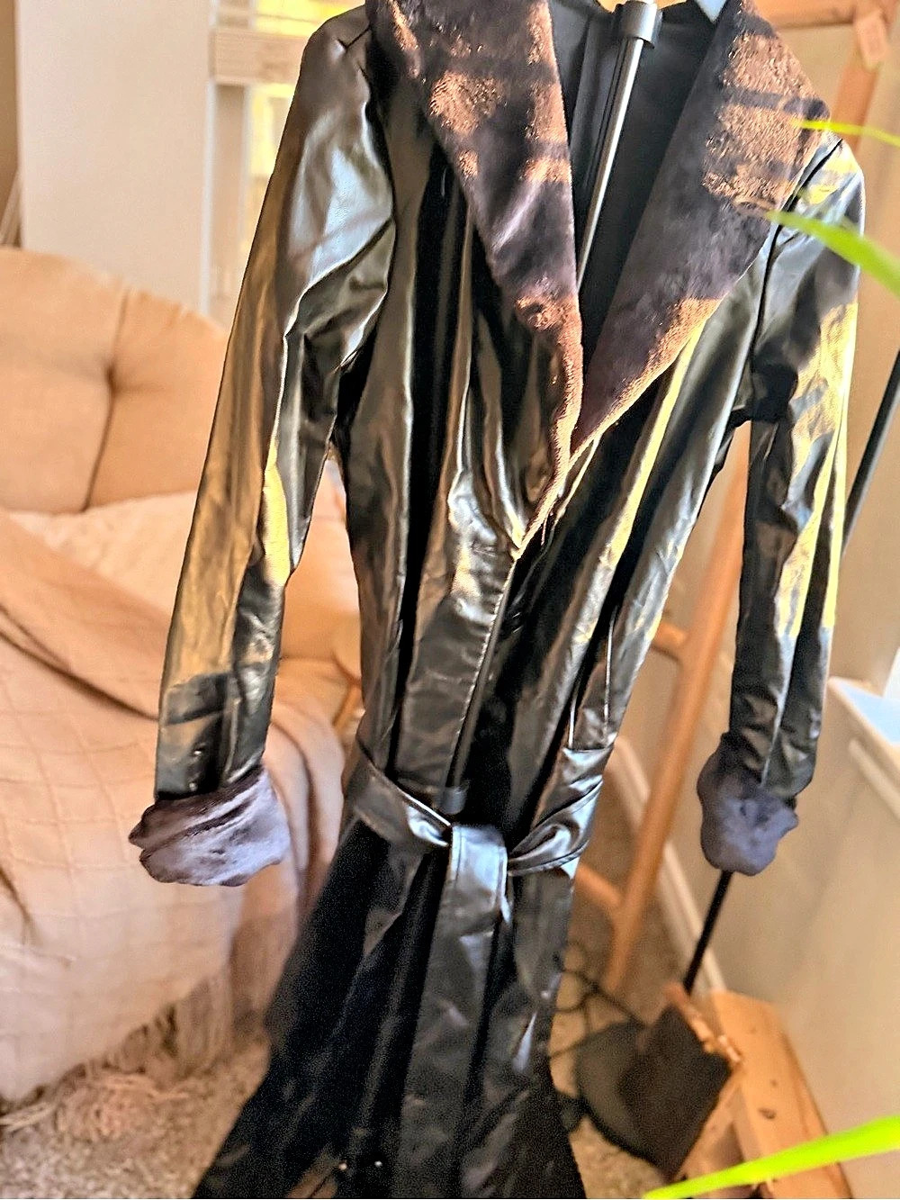 Black Faux Leather Longline Belted Trench Coat M SHEIN